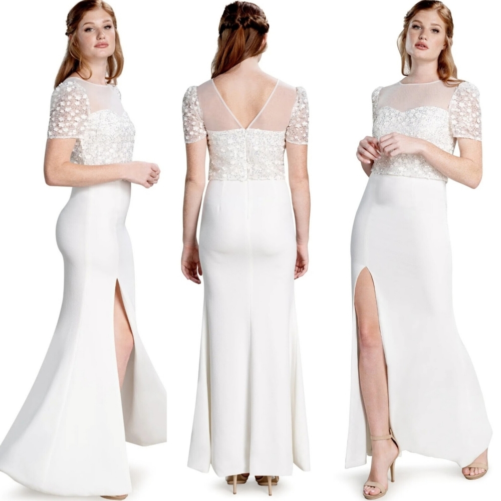 🔥Dress The Population White Applique Cap Sleeves Evening Gown